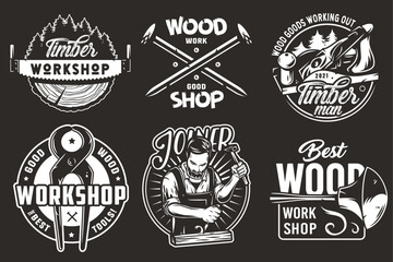 Fototapeta premium Wooden set of emblems or logos for carpentry or wood carving or sawing. Woody collection of designs for woodworker, carpenter, joiner, timber, lumberjack for workshop, woodworking, sawmill, woodwork
