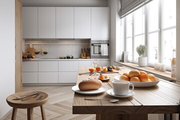 nutritious breakfast, modern kitchen with wooden accents and parquet flooring, minimalist white interior design,. Generative AI