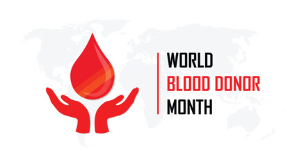 International blood donation month, global blood donor day on June 14, red color design with blood drop and world map, encourage volunteers for charity event