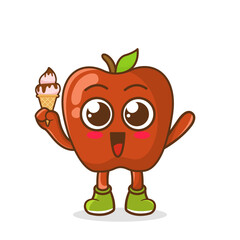 Cute Cartoon apple fruit character holding ice cream cone