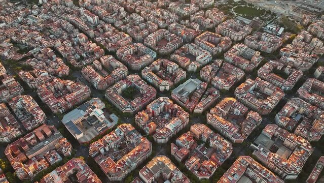 Aerial view of typical buildings of Barcelona cityscape. Eixample residential famous urban grid. Catalonia, Spain