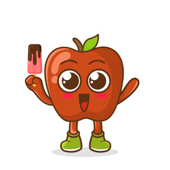 Cute smiling cartoon style apple fruit character holding in hand ice cream, popsicle.