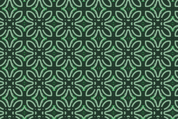 Seamless geometric pattern for wrapping, fabric and ornament. Vector illustration in green color with line, curve, star ,petals, and floral ornament.