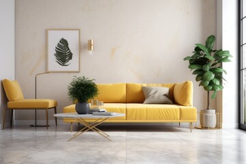 Fototapeta premium Modern minimalist living room with a yellow sofa against a white wall and granite tile flooring. Generative AI