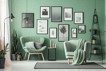 Monochromatic flat room with one chair, no plants, and a mock up room with double frames gallery wall in light green. Generative AI