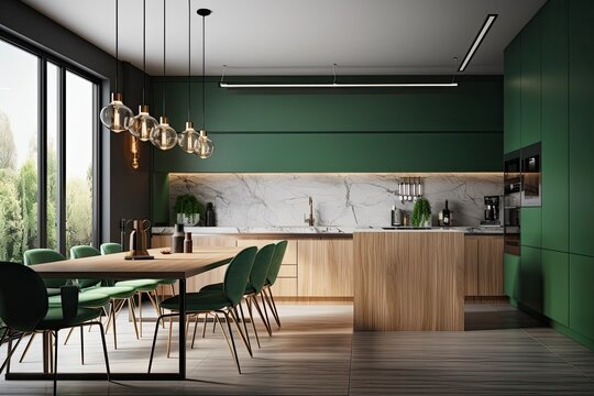 Modern kitchen and dining room, wood and green kitchen, interior scene and mockup. Generative AI