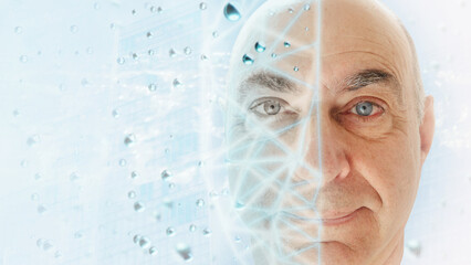  Face with grid de identification. Interactive connection to a computer network.