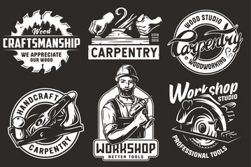 Fototapeta premium Set of logos for carpentry or wood carving or sawing. Collection of designs for woodworker, carpenter, joiner, timber, lumberjack and craftsman for workshop, woodworking, sawmill and woodwork