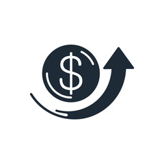 Dollar  money symbol coin and up arrow. Growth increase  finance graphic.Practical motivation. Vector  icon illustration isolated on white background.