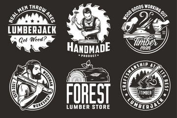 Wooden set of emblems or logos for carpentry or wood carving or sawing. Woody collection of designs for woodworker, carpenter, joiner, timber, lumberjack for workshop, woodworking, sawmill, woodwork