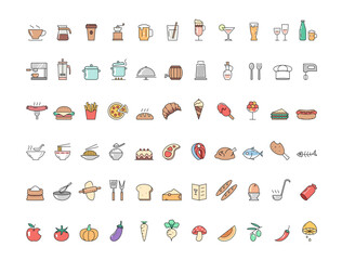 Set of food and drink icons, kitchenware symbols, black line drawings.