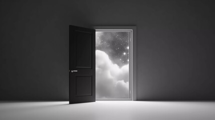 3d abstract black background with door and white clouds flying out. Dream metaphor, modern minimal concept, Generative AI