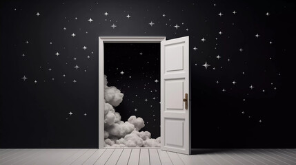 3d abstract black background with door and white clouds flying out. Dream metaphor, modern minimal concept, Generative AI