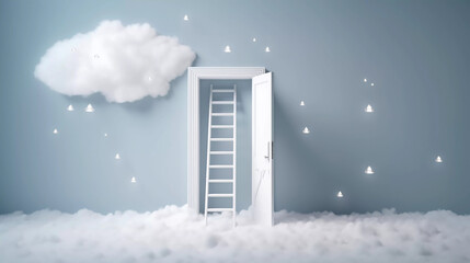 3d abstract blue background with door, ladder and white clouds flying out. Dream metaphor, modern minimal concept, Generative AI