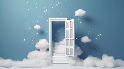 3d abstract blue background with door, ladder and white clouds flying out. Dream metaphor, modern minimal concept, Generative AI