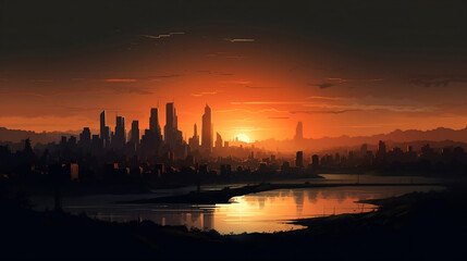 Fototapeta na wymiar Big city landscape with sun (Created by AI)