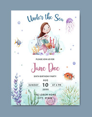 Birthday card invitation under the sea theme background template