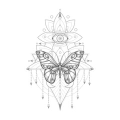 Vector illustration with hand drawn butterfly and Sacred geometric symbol on white background. Abstract mystic sign. 