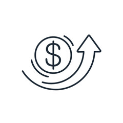 Dollar  money symbol coin and up arrow. Growth increase  finance graphic.Practical motivation. Vector linear icon illustration isolated on white background.