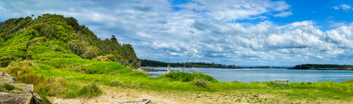 Panoramic view towards the Crookhaven river at Crookhaven Heads close to Culburra Beach in Shoalhaven Bight, NSW, Australia.