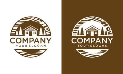 Green Wood Resident Vector Logo Template. Design template of two trees incorporate with a house that made from a simple scratch. It's good for symbolize a property or wooden housing business.