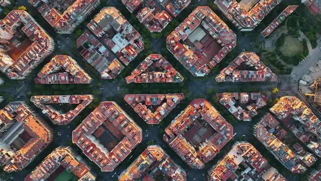 Aerial view of typical buildings of Barcelona cityscape. Eixample residential famous urban grid. Catalonia, Spain
