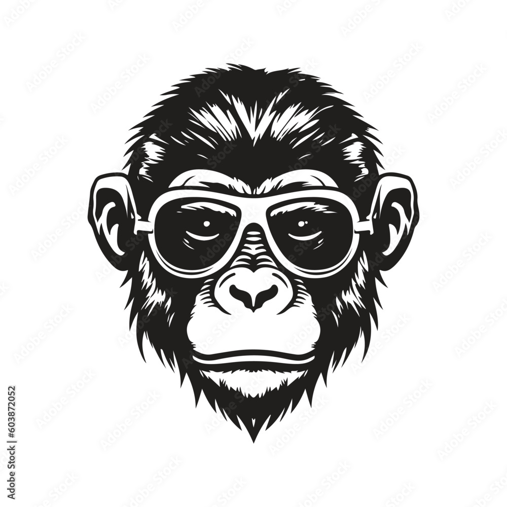 Sticker cool monkey, vintage logo line art concept black and white color, hand drawn illustration - Stickers