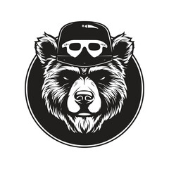 cool bear, vintage logo line art concept black and white color, hand drawn illustration