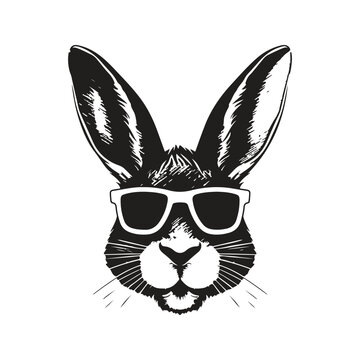 cool bunny with sunglasses, vintage logo line art concept black and white color, hand drawn illustration