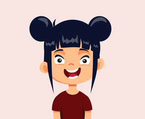 Happy Girl of Asian Ethnicity Smiling Vector Cartoon Portrait. Cheerful little child having fun being in a good mood 
