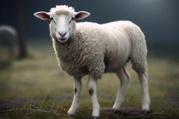 Naklejka na ściany i meble Image of cute little sheep on nature background. Farm animals. Illustration, generative AI.