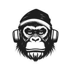 cool monkey, vintage logo line art concept black and white color, hand drawn illustration