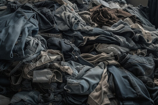 A picture  of a lot of jumbled up denim pants, in the style of muted color of dark and light blue - Generative AI