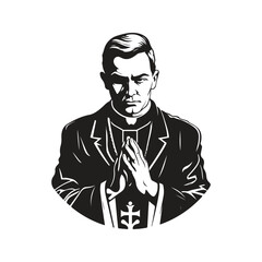 courageous priest, vintage logo line art concept black and white color, hand drawn illustration