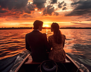 A couple sitting in a boat on a seat enjoying sunset while holding hands