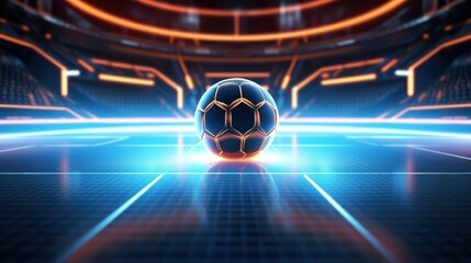 Football in the center of a futuristic indoor soccer field or stadium with neon glowing lines background. Generative AI.