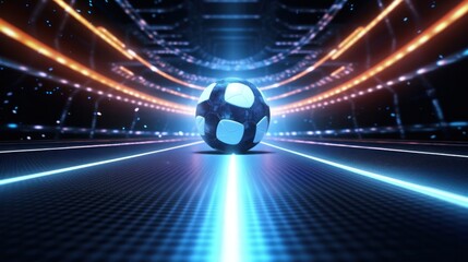 Football in the center of a futuristic indoor soccer field or stadium with neon glowing lines background. Generative AI.