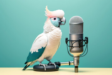 parrot talking on podcast microphone , Generative ai - obrazy, fototapety, plakaty