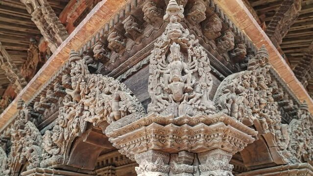 Relief carving on a hindu temple in Patan Durbar Square, Lalitpur, Kathmandu Valley, Nepal