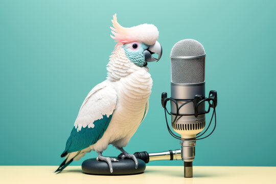 parrot talking on podcast microphone , Generative ai