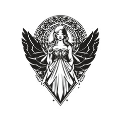 crystalline angel, vintage logo line art concept black and white color, hand drawn illustration