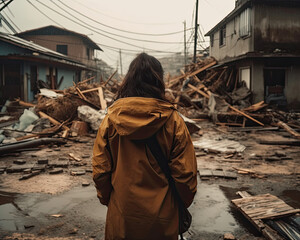 woman feeling hopeless against the disaster happens to her homeland - obrazy, fototapety, plakaty