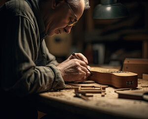 An old man is doing a wood crafting