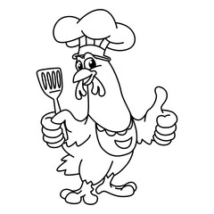 Funny hen chef cartoon characters vector illustration. For kids coloring book.