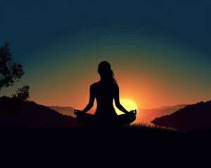 A woman mediate under a beautiful sunset