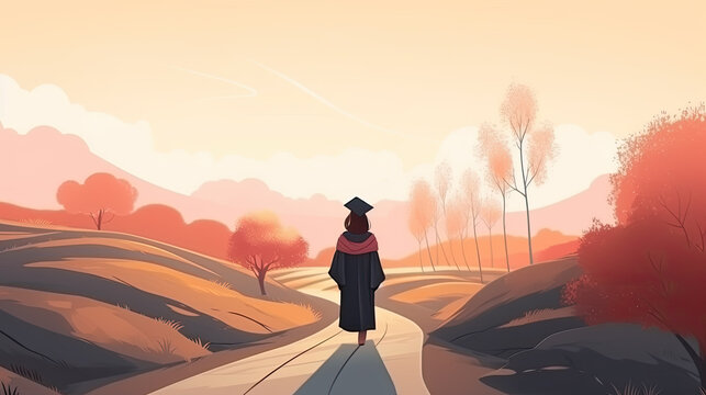 creative illustration of a young female student making her way forward after graduation. Generative AI
