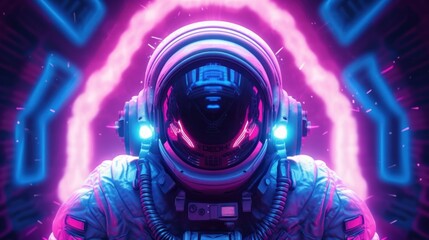 Naklejka na ściany i meble Astronaut in futuristic neon lights cyberpunk city. Neon pink blue violet night background. Generative AI.