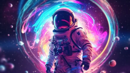 Astronaut in space suit in front of glowing pink blue retrowave neon. Generative AI.