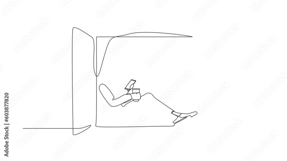 Poster animated self drawing of continuous one line draw arab woman sitting on windowsill with coffee enjoy