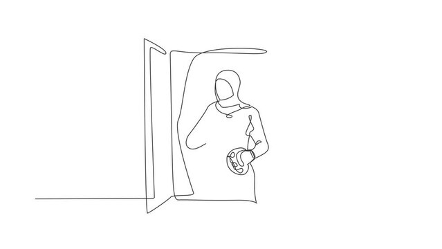 Self drawing animation of single one line draw Arabian woman painter drawing near window. Female holding paint brush, palette, sketching on canvas. Painting. Continuous line draw. Full length animated